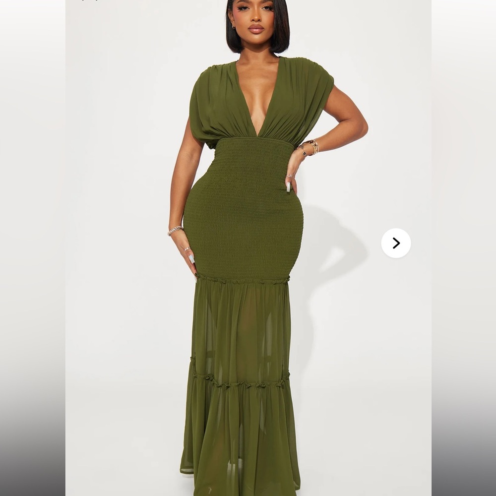 Fashion Nova Green Tiered Ruffled Maxi Gown